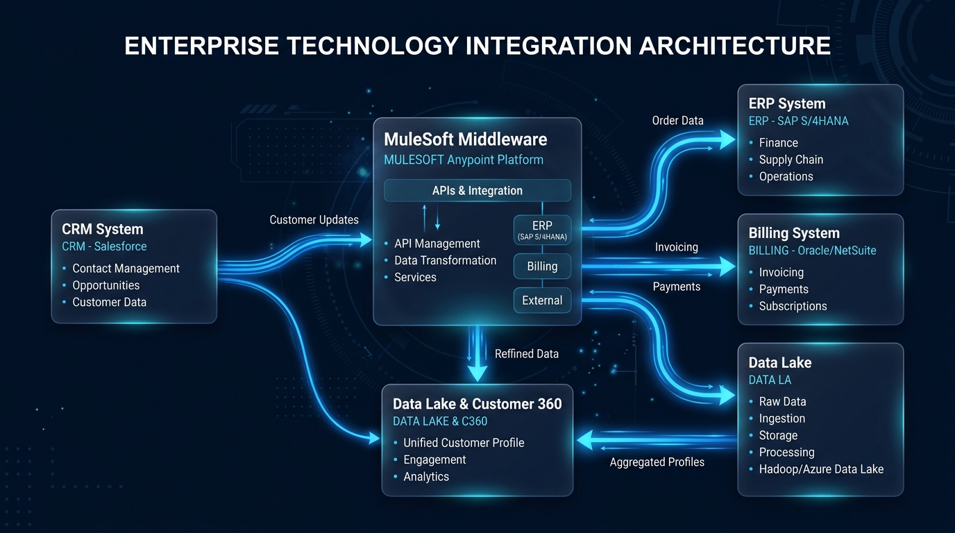 Enterprise technology integration architecture showing CRM, APIs, ERP and Data Lake
